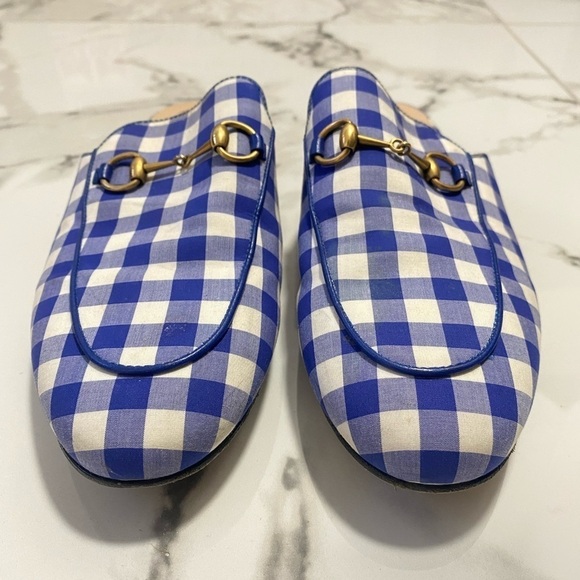 Gucci Horsebit Princetown White Blue Plaid Gingham Loafer Mules - Picture 3 of 9